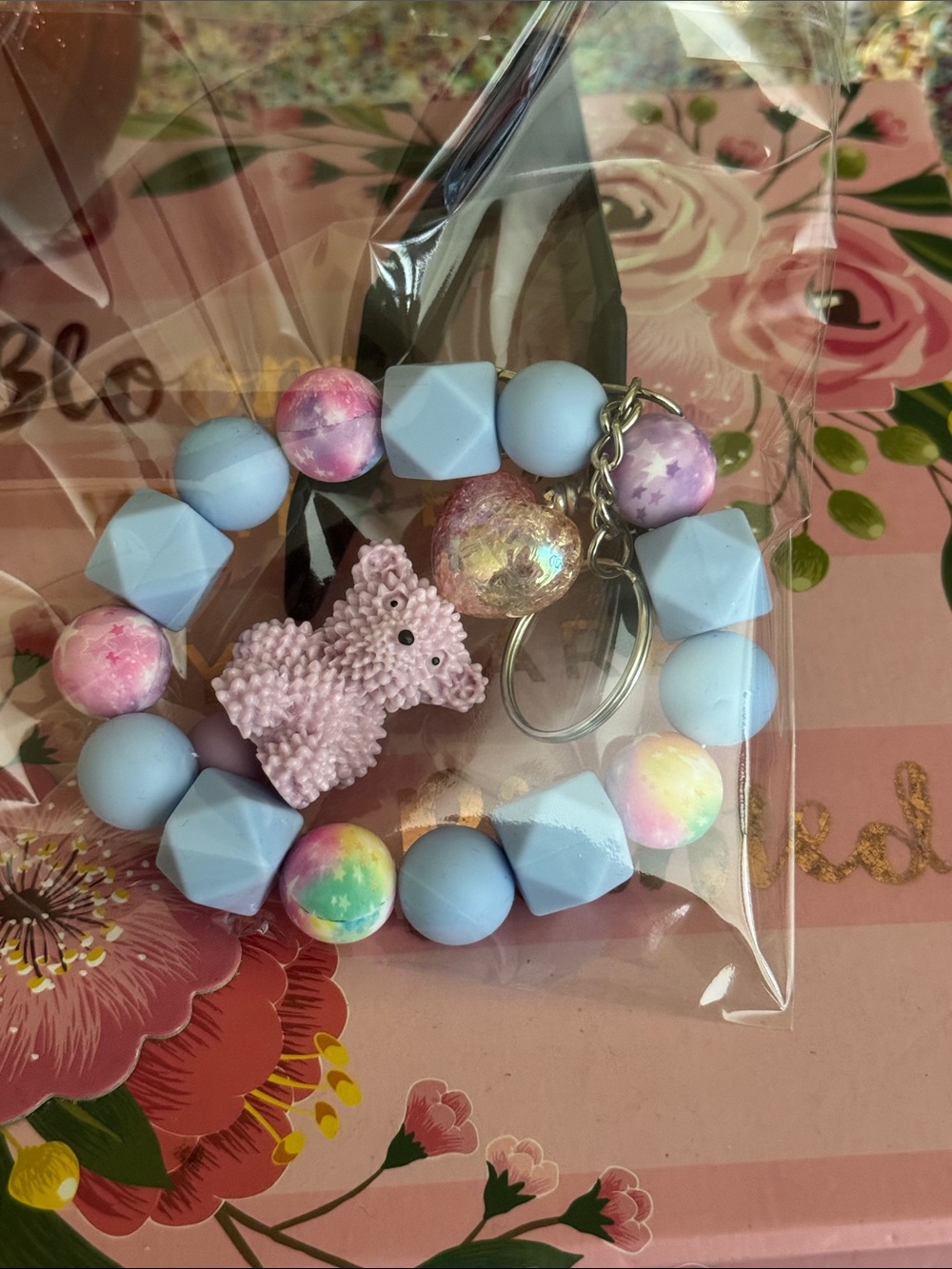 Pastel Blue Beaded wristlet Bracelet with Purple Teddy Charm
